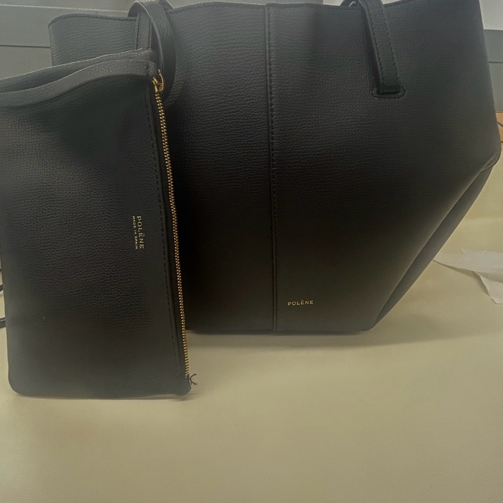 Polène Black Pebbled Leather Tote with Matching Pouch - Picture 2 of 2